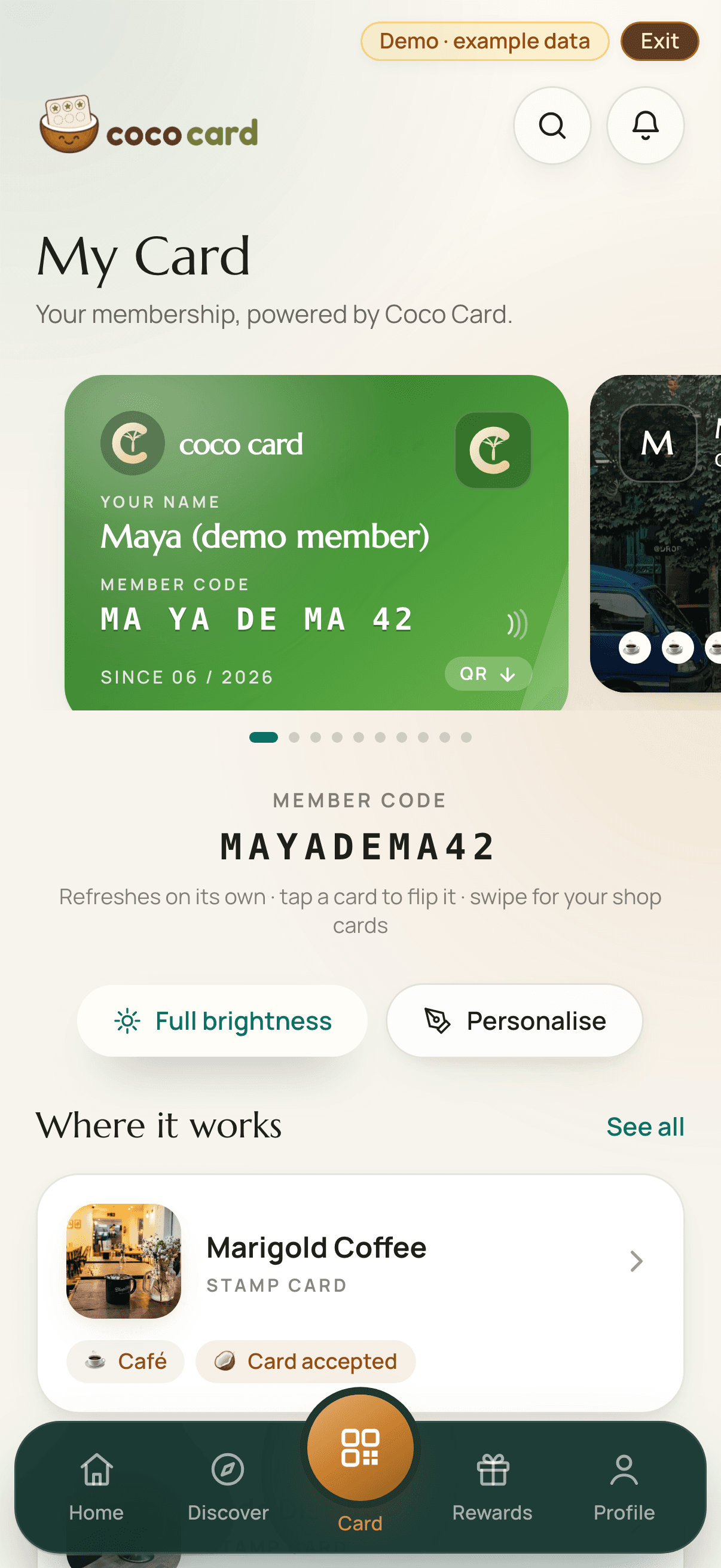 One shop's Coco Card open on a phone, with its stamps and the QR shown at the till