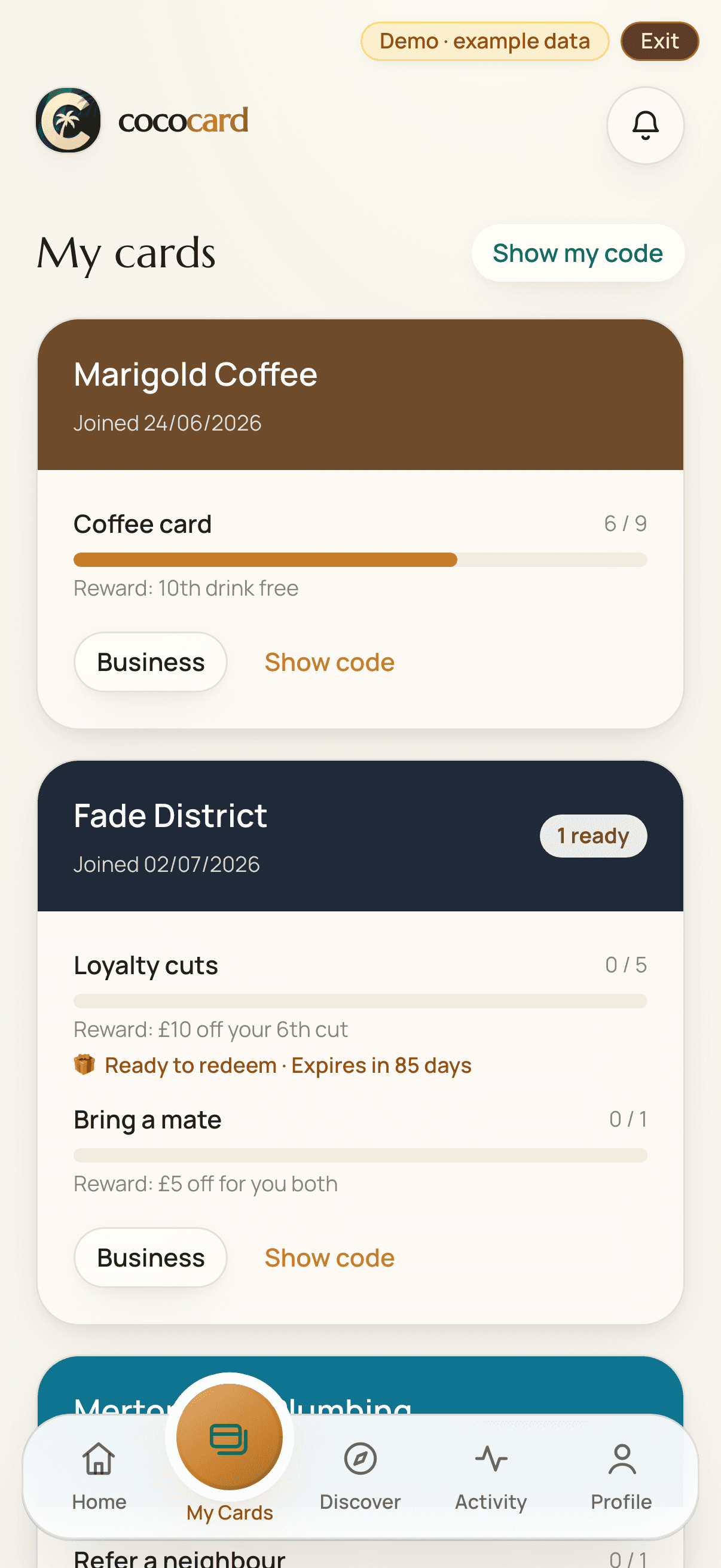 Coco Card cards screen, one branded card per shop with stamps collected and rewards ready to claim