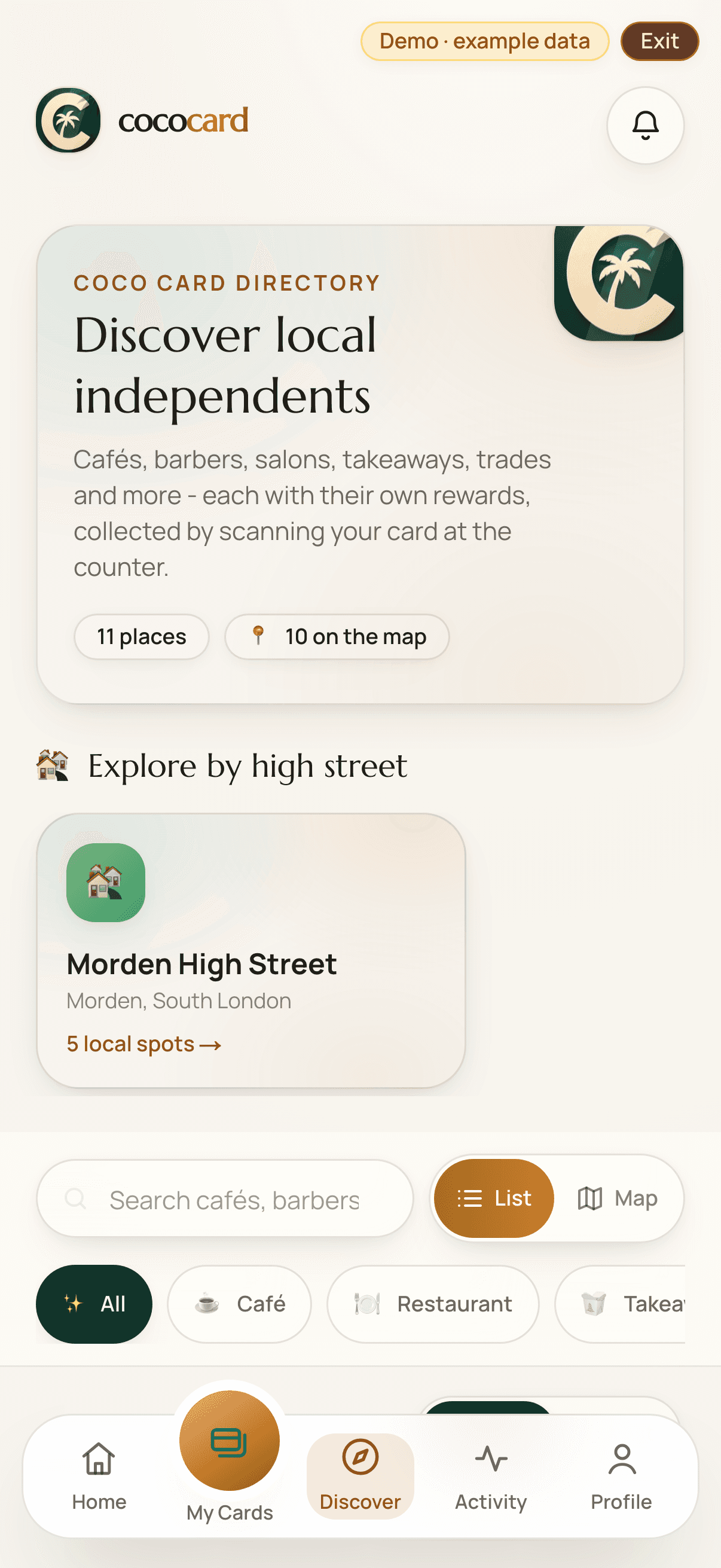 Coco Card Discover directory, with a search box, list and map views and category filters for cafés, takeaways and bakeries