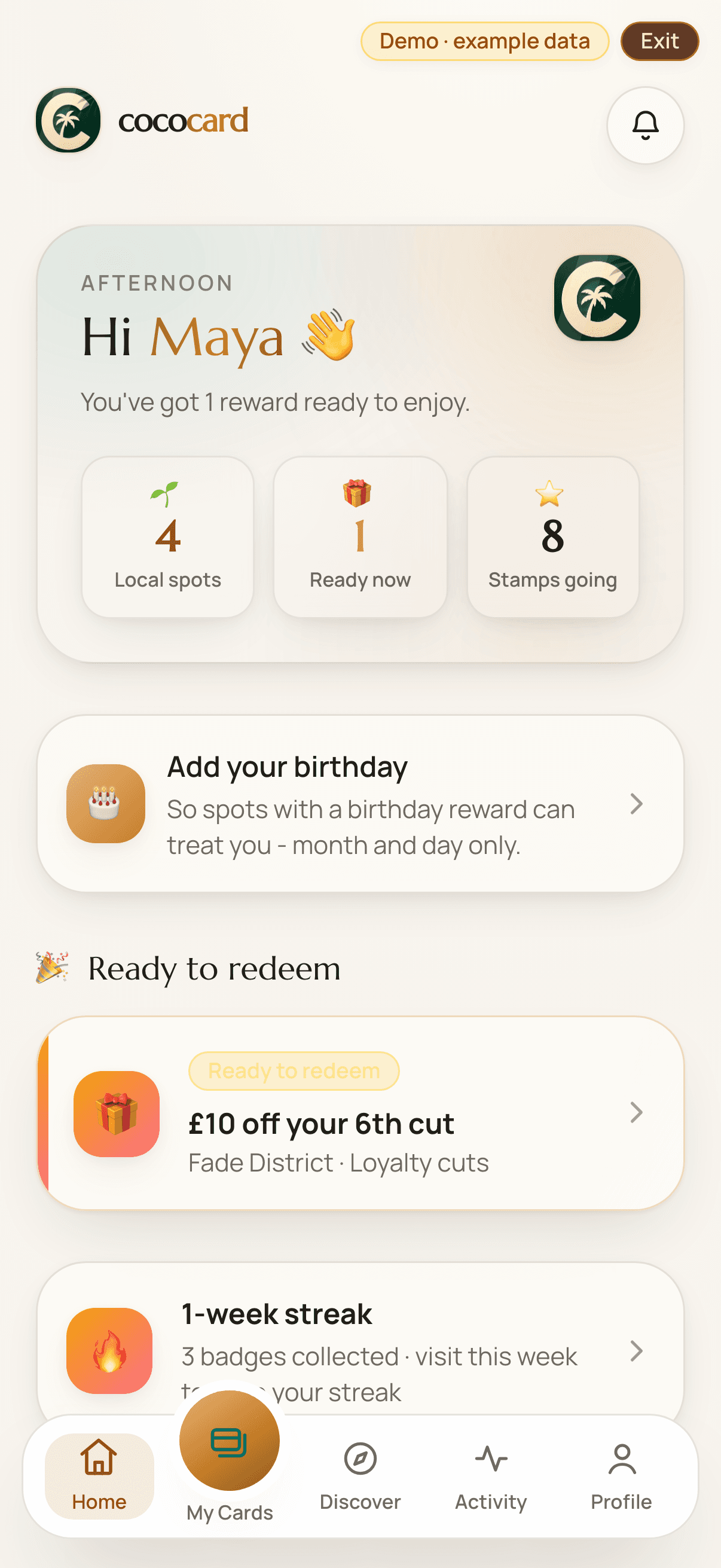 Coco Card home screen, listing every local shop's card a customer has collected
