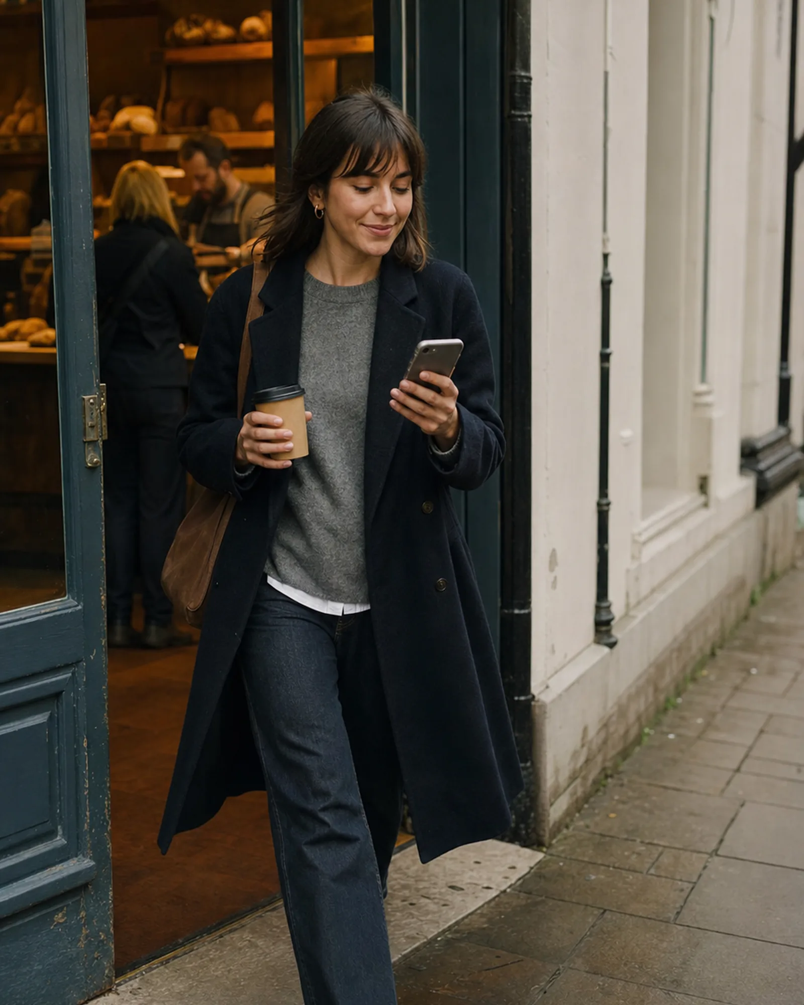 A customer leaving a bakery holding a coffee, their loyalty wallet open on their phone