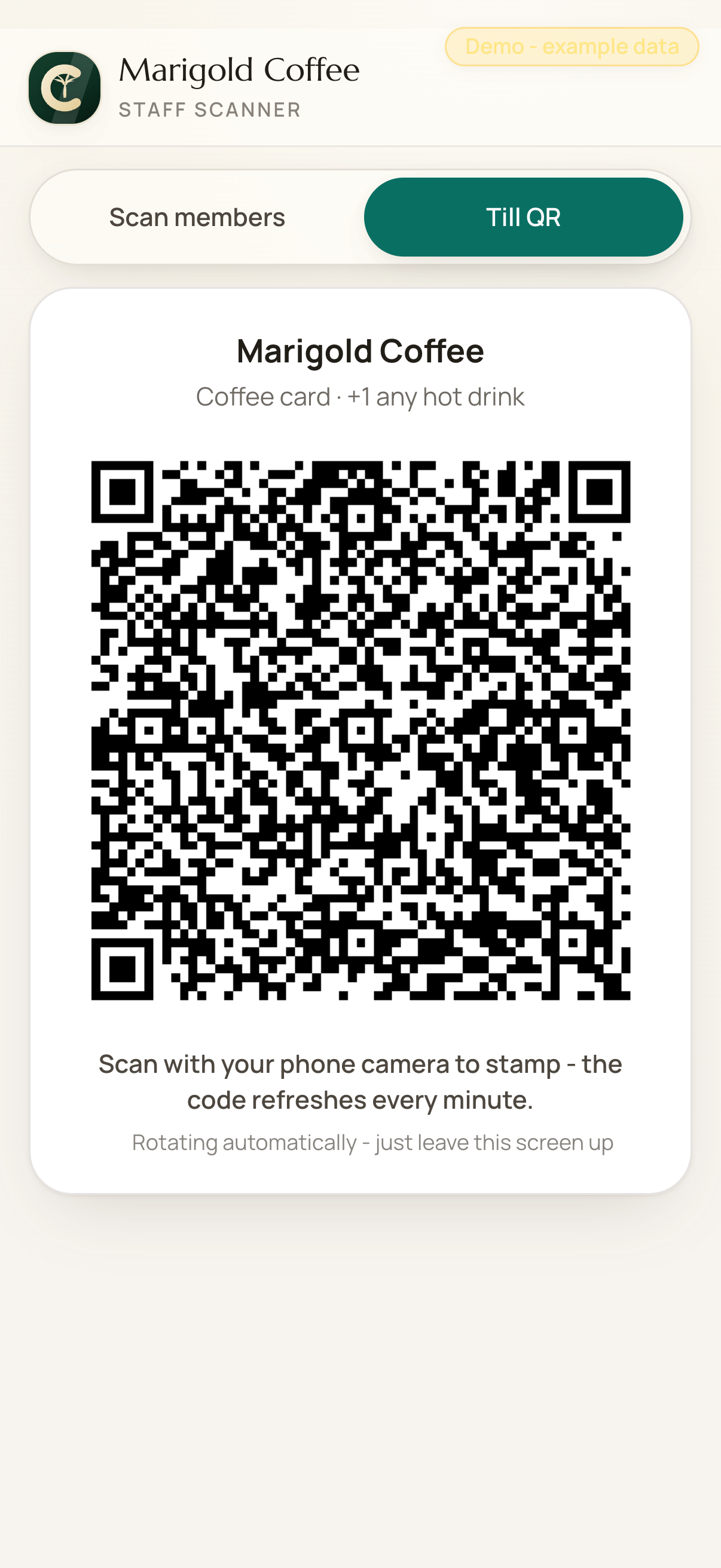 The Coco Card till screen showing a rotating QR customers scan to stamp themselves